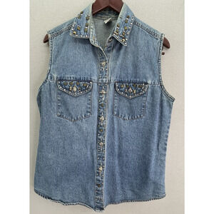 VTG Denim Western Shirt Sleeveless Studded Simply Blues Women’s L Button